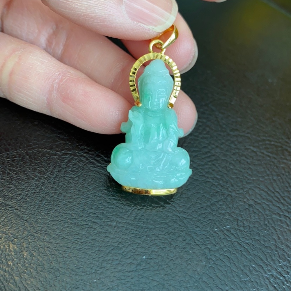14k Real Gold Kwanyin Female Buddha Jade Pendant